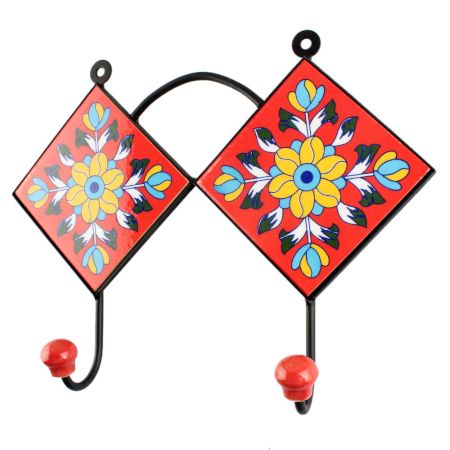 Red Floral Ceramic Tile Hook